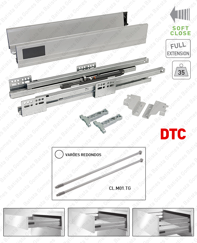 Sistema de laterais com corredi�as Soft-Close para gavetas e gavet�es / Extra��o total / 35kg
